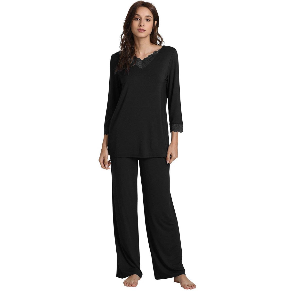 Women's bamboo Viscose Long Sleeve Long Pants with Pockets - Black - GYS