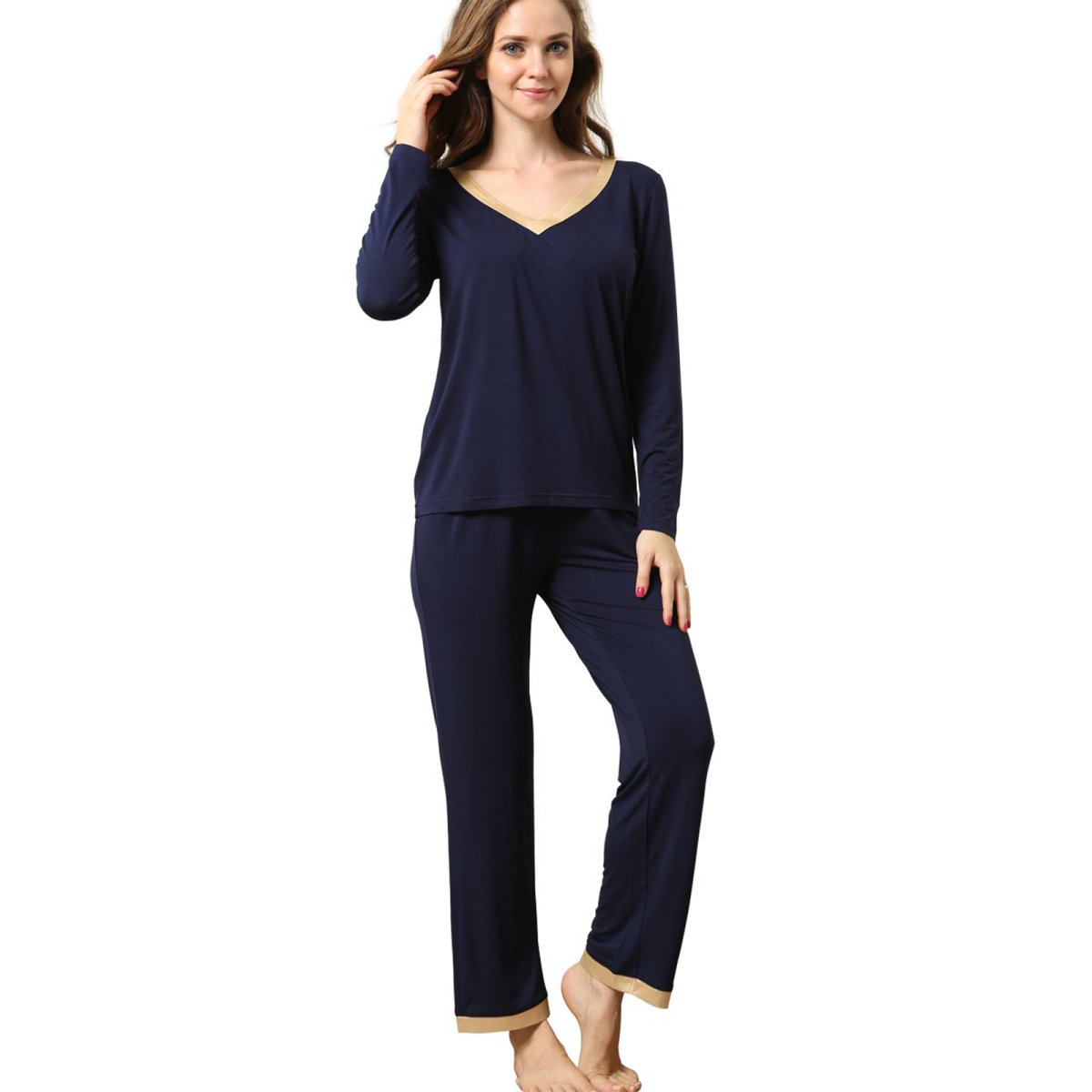 Women's Bamboo Viscose V - Neck pajama set long sleeve long pants - GYS