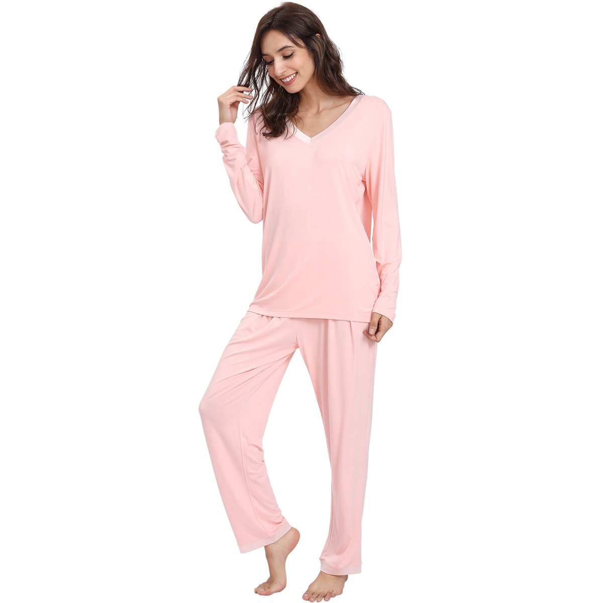 Women's Bamboo Viscose V - Neck pajama set long sleeve long pants - GYS